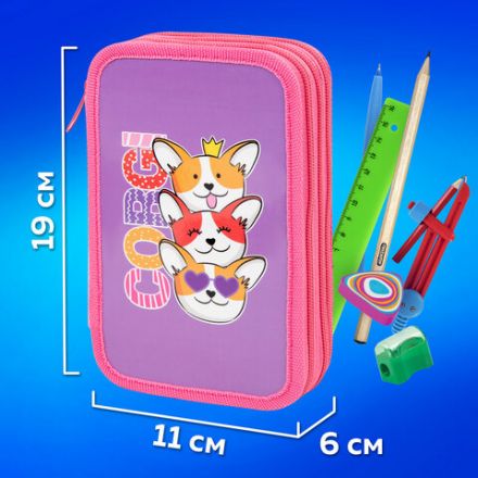 Пенал ПИФАГОР, 3 отделения, ламинированный картон, 19х11 см, "Corgi queen", 272250