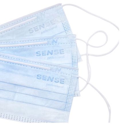Маски медицинские SENSE одноразовые КОМПЛЕКТ 50 штук короб, 3-х слойные, мельтблаун, голубые