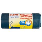 Мешки для мусора с завязками LAIMA "ULTRA", 60 л, синие, рулон 15 шт., особо прочные, ПСД 30 мкм, 60х70 см, 607696 Мешки для мусора с завязками LAIMA "ULTRA", 60 л, синие, рулон 15 шт., особо прочные, ПСД 30 мкм, 60х70 см, 607696