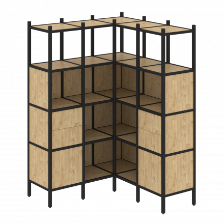 Loft Угловой внутренний стеллаж наборный VR.L-33 Тиквуд светлый/Чёрный металл 1278*1278*1869 Loft Угловой внутренний стеллаж наборный VR.L-33 Тиквуд светлый/Чёрный металл 1278*1278*1869