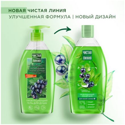 Гель для душа 750 мл, ЧИСТАЯ ЛИНИЯ "Смородина и ледниковая вода", на натуральной основе