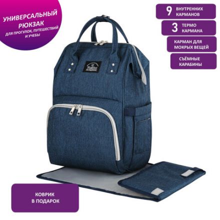 Рюкзак для мамы BRAUBERG MOMMY с ковриком, крепления на коляску, термокарманы, синий, 40x26x17 см, 270820