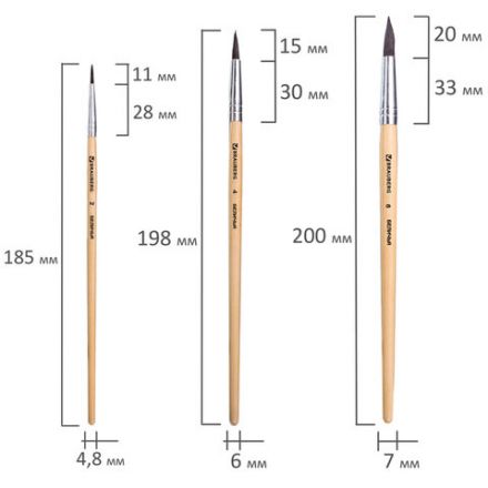 Кисти BRAUBERG, набор 3 шт. (белка, круглые № 2, 4, 6), блистер, 200216