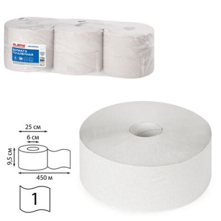 Бумага туалетная БОЛЬШОЙ РУЛОН, 450 м, LAIMA (T1), UNIVERSAL, 1-слойная, КОМПЛЕКТ 6 рулонов, 111336 Бумага туалетная БОЛЬШОЙ РУЛОН, 450 м, LAIMA (T1), UNIVERSAL, 1-слойная, КОМПЛЕКТ 6 рулонов, 111336