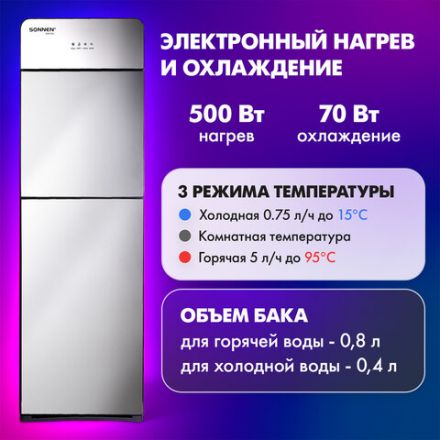 Кулер для воды SONNEN FSE-03G, напольный, нагрев/охлаждение электронное, НИЖНЯЯ ЗАГРУЗКА, 3 крана, зеркальный, 455753