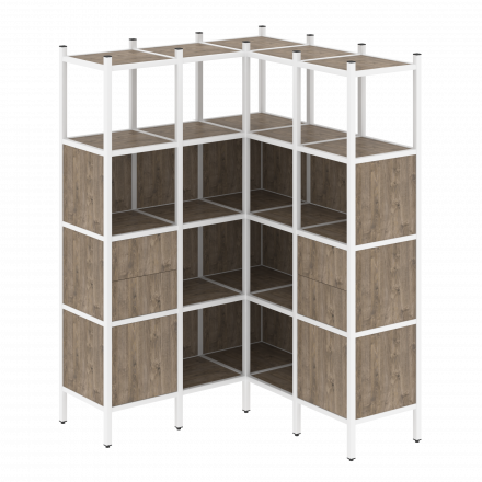 Loft Угловой внутренний стеллаж наборный VR.L-33 Тиквуд тёмный/Белый металл 1278*1278*1869 Loft Угловой внутренний стеллаж наборный VR.L-33 Тиквуд тёмный/Белый металл 1278*1278*1869