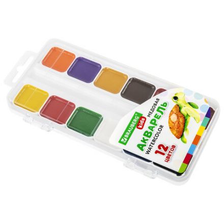 Краски акварельные BRAUBERG KIDS, медовые, 12 цветов, квадратные кюветы, пластиковый пенал, 192282