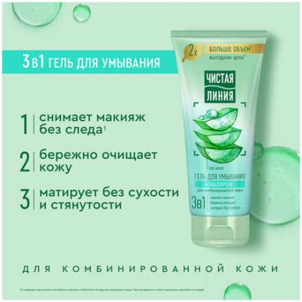 Гель для умывания 200 мл, ЧИСТАЯ ЛИНИЯ 3 в 1 "Гиалурон и сок алоэ", бережное очищение