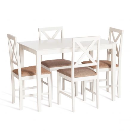 Обеденный комплект эконом Хадсон (стол + 4 стула)/ Hudson Dining Set, дерево гевея/мдф, стол: 110х70х75см / стул: 44х42х89см, ivory white (слоновая кость), ткань кор.-зол
