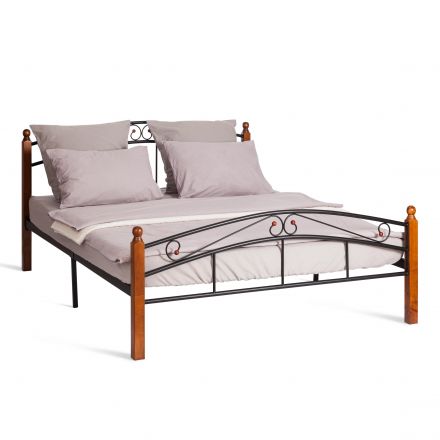Кровать AT-8077, дерево гевея/металл, 160*200 см (Queen bed), красный дуб/черный