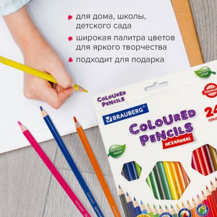 Карандаши цветные BRAUBERG PREMIUM, 24 цвета, шестигранные, грифель 3,3 мм, натуральное дерево, 181658