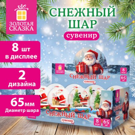 Снежный шар "Дед Мороз" диаметр 65 мм, полистоун/стекло, 2 дизайна ассорти, ЗОЛОТАЯ СКАЗКА, 592598