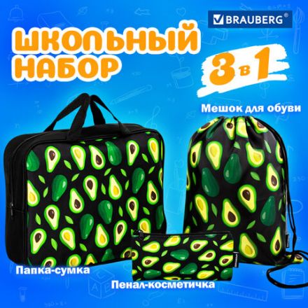 Папка на молнии с ручками А4, мешок для обуви 42х33 см, пенал 20х10 см, "Avocado" НАБОР BRAUBERG, 271433