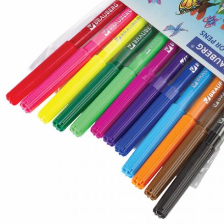 Фломастеры BRAUBERG "Wonderful butterfly", 12 цветов, вентилируемый колпачок, ПВХ-упаковка, 150522