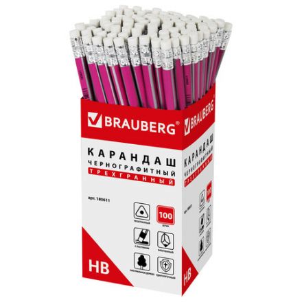 Карандаш чернографитный BRAUBERG, 1 шт., "Alderida", НВ, трехгранный, с ластиком, корпус розовый, заточенный, 180611