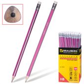 Карандаш чернографитный BRAUBERG, 1 шт., "Alderida", НВ, трехгранный, с ластиком, корпус розовый, заточенный, 180611