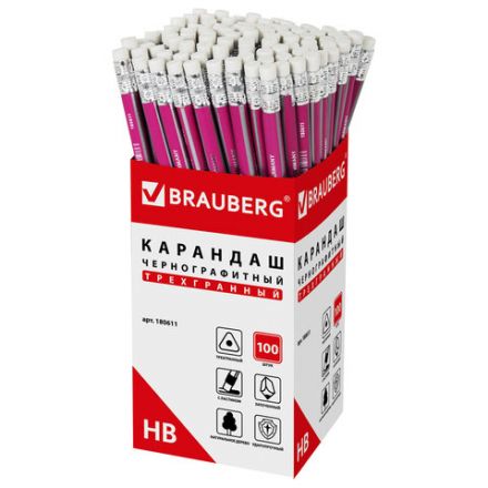Карандаш чернографитный BRAUBERG, 1 шт., "Alderida", НВ, трехгранный, с ластиком, корпус розовый, заточенный, 180611