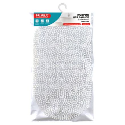Коврик для ванны противоскользящий 69х39 см, "Капли", овальный, прозрачный, ПВХ, PRIMILA (ПРИМИЛА), 700375