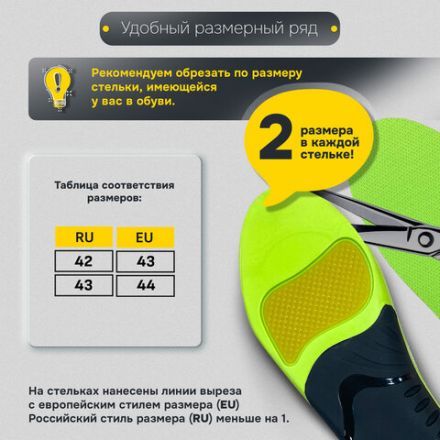 Стельки для кроссовок СПОРТИВНЫЕ КАРКАСНЫЕ, материал PU PRO SPORT, размер RU 42-43 / EU 43-44, с линиями выреза, SHEGRA (ШЕГРА), 700768 Стельки для кроссовок СПОРТИВНЫЕ КАРКАСНЫЕ, материал PU PRO SPORT, размер RU 42-43 / EU 43-44, с линиями выреза, SHEGRA (ШЕГРА), 700768