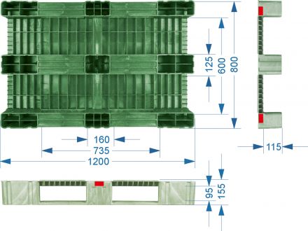 Паллет 1200х800х150 мм (усиленный сплошной на 3-х полозьях) красный