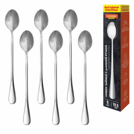 Ложки чайные 19,5 см длинные STANDARD, КОМПЛЕКТ 6 шт., полированная нержавеющая сталь, серебристые, DASWERK (ДАСВЕРК), 609076