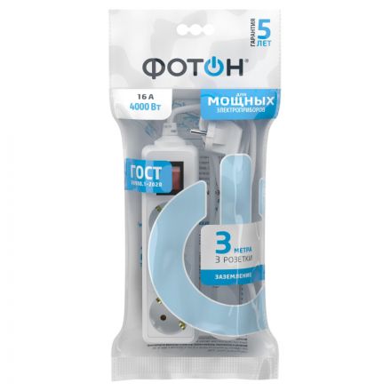 Удлинитель сетевой ФОТОН 16-33ЕS, 3м, 3 р, 16А, с выкл., с заземл., Белый