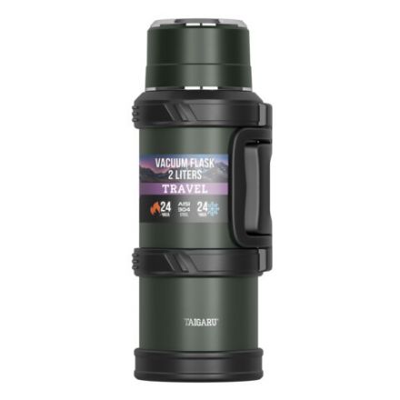 Термос 2л TRAVEL, нержавеющая сталь SUS304, 2 кружки, скрытая ручка, ситечко, темно-зеленый, TAIGARU (ТАЙГАРУ), 700316