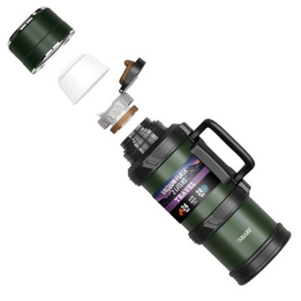 Термос 2л TRAVEL, нержавеющая сталь SUS304, 2 кружки, скрытая ручка, ситечко, темно-зеленый, TAIGARU (ТАЙГАРУ), 700316