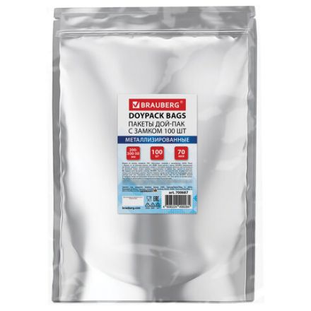 Пакеты дой-пак с замком ZIP LOCK, металлизированная + прозрачная стенка, 200х300 + 50 мм, КОМПЛЕКТ 100 штук, 70 мкм, BRAUBERG, 700687