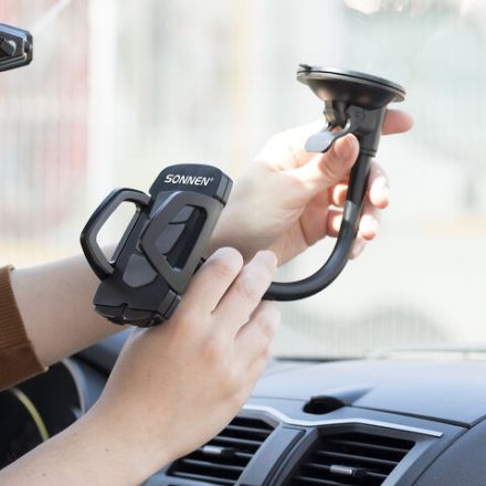 Держатель для телефона в авто на стекло SONNEN, зажим 50-100 мм, вращение 360°, 354921