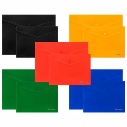 Папка-конверт с кнопкой КОМПЛЕКТ 10 шт., А4, А5 по 5 шт., цвета ассорти, BRAUBERG, 0,18 мм, 272868