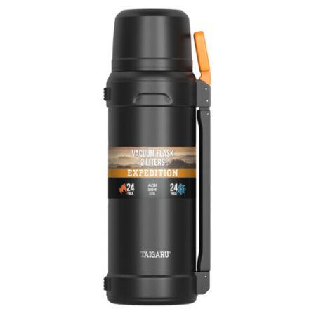 Термос 2л EXPEDITION, нержавеющая сталь SUS304, 2 кружки, 2 ручки, ситечко, черно-оранжевый, TAIGARU (ТАЙГАРУ), 700317