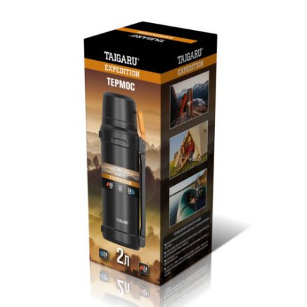 Термос 2л EXPEDITION, нержавеющая сталь SUS304, 2 кружки, 2 ручки, ситечко, черно-оранжевый, TAIGARU (ТАЙГАРУ), 700317