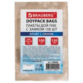 Пакеты дой-пак с замком ZIP LOCK, крафт с окном 40 мм, 100х150 + 30 мм, КОМПЛЕКТ 100 штук, 150 мкм, BRAUBERG, 700688