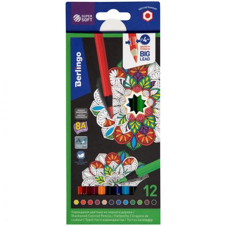 Карандаши цветные Berlingo "SuperSoft. Blackwood", 12цв., черное дерево, заточен., картон, европодвес