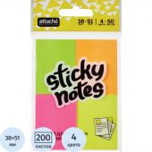 Стикеры Attache Selection 38x51 мм неоновые 4 цвета (4 блока по 50 листов)