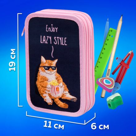 Пенал ПИФАГОР, 3 отделения, ламинированный картон, 19х11 см, "Lazy cat", 272252