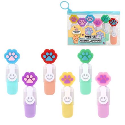 Набор текстовыделителей с топперами 6 ЦВЕТОВ ПАСТЕЛЬ, "ЛАПКИ", линия 1-4 мм, FUNSTER (ФАНСТЕР), 152650