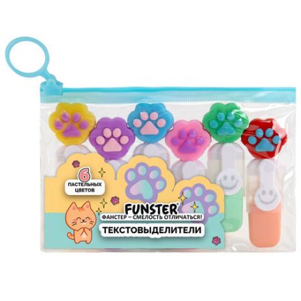 Набор текстовыделителей с топперами 6 ЦВЕТОВ ПАСТЕЛЬ, "ЛАПКИ", линия 1-4 мм, FUNSTER (ФАНСТЕР), 152650