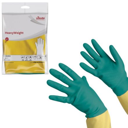 Перчатки МНОГОРАЗОВЫЕ латексные VILEDA, х/б напыление, СВЕРХПРОЧНЫЕ (неопрен), размер 7,5-8, M (средний), зелено-желтые, вес 120 г, 174305