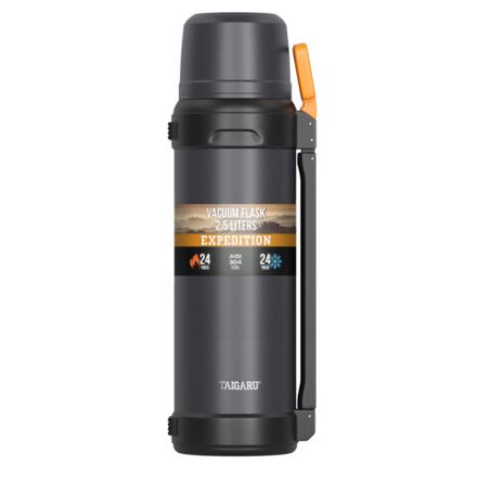 Термос 2,5л EXPEDITION, нержавеющая сталь SUS304, 2 кружки, 2 ручки, ситечко, графитово-оранжевый, TAIGARU (ТАЙГАРУ), 700318
