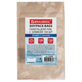 Пакеты дой-пак с замком ZIP LOCK, крафт с окном 50 мм, 120х200 + 40 мм, КОМПЛЕКТ 100 штук, 150 мкм, BRAUBERG, 700689