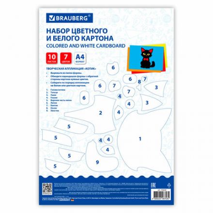 Набор картона БЕЛЫЙ + ЦВЕТНОЙ А4 мелованный, 10 листов (белый 4 листа + цветной 6 листов), в папке, BRAUBERG, 116630