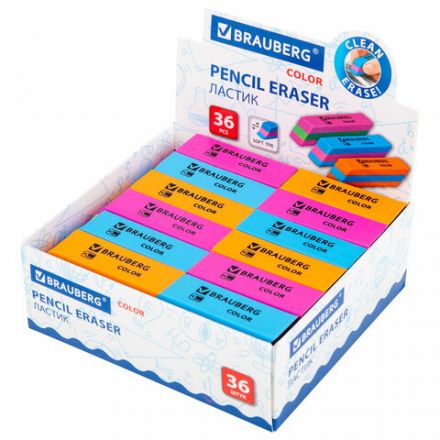 Ластик BRAUBERG "Color", 55х15х13 мм, прямоугольный, скошенный, яркие цвета ассорти, 272671