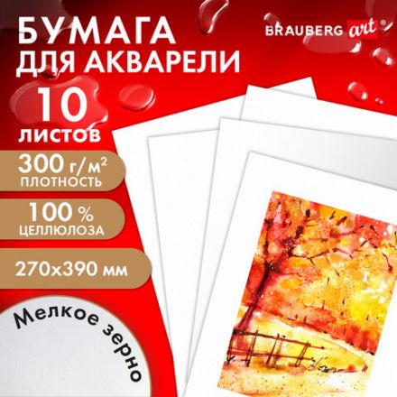 Бумага для акварели 300 г, 270x390 мм, мелкое зерно, 10 листов, BRAUBERG ART PREMIERE, 115334 Бумага для акварели 300 г, 270x390 мм, мелкое зерно, 10 листов, BRAUBERG ART PREMIERE, 115334