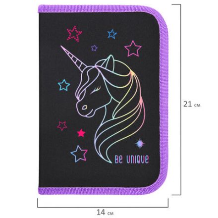 Пенал BRAUBERG с наполнением, 1 отделение, 1 откидная планка, 24 предмета, 21х14 см, "Radiant unicorn", 273532