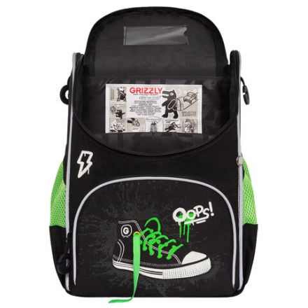 Ранец GRIZZLY анатомическая спинка, с мешком для обуви, для мальчиков, "SNEAKER", черный, 33х25х13 см, RAm-585-8/1