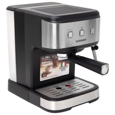 Кофеварка рожковая ручной капучинатор SONNEN CM8501, 1100 Вт, 1,5 л, 15 бар, черная/серебро, 456335