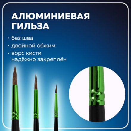 Кисти BRAUBERG PREMIUM, набор 3 шт. (из ворса пони круглые № 2, 4, 7), блистер, 201021