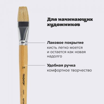 Кисть ПИФАГОР, ЩЕТИНА, плоская, № 24, деревянная лакированная ручка, пакет с подвесом, 200881